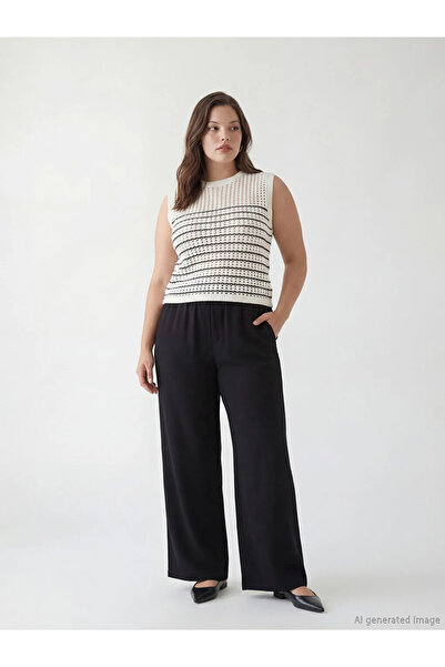 LC Waikiki Μαύρο γυναικείο παντελόνι με ελαστική μέση φαρδιά πόδι