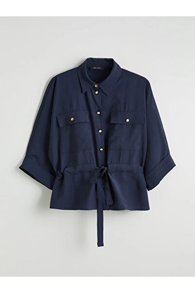 LC Waikiki Γυναικείο πουκάμισο Navy Blue Beli Με δέσιμο oversized