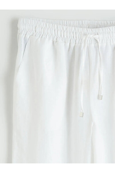 LC Waikiki Λευκό γυναικείο λινό παντελόνι με ελαστική μέση