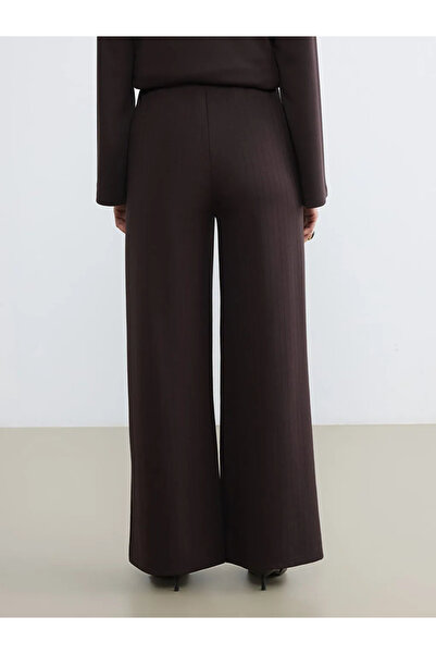 LC Waikiki Καφέ ψηλόμεσο ριγέ γυναικείο παντελόνι με φαρδιά μπατζάκια