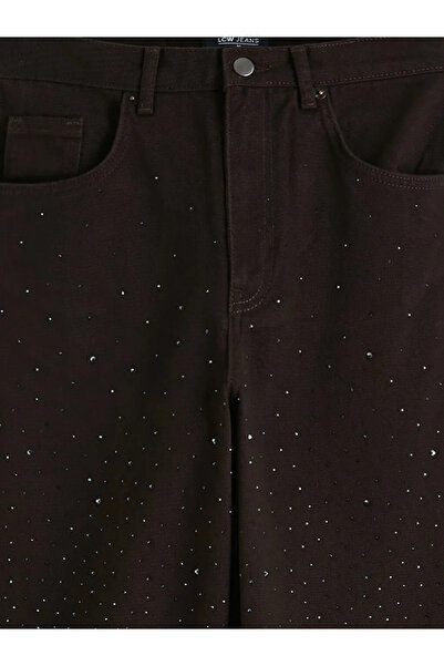 LC Waikiki Καφέ ψηλόμεσο γυναικείο τζιν παντελόνι με φαρδιά γραμμή και πέτρες