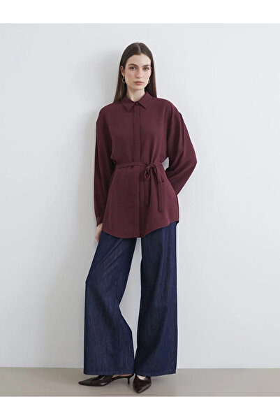 LC Waikiki Γυναικείο πουκάμισο τουνίκ σε μπορντό χρώμα με ζώνη στη μέση και o...