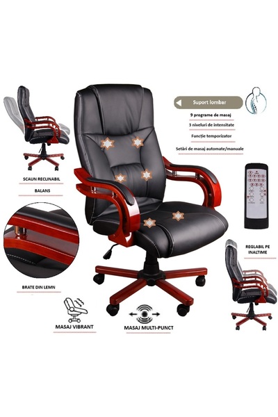 Mobplayers Holzen Μαύρη Καρέκλα Γραφείου με Μασάζ, Δερμάτινη, Γυαλιστερά Υποβ...