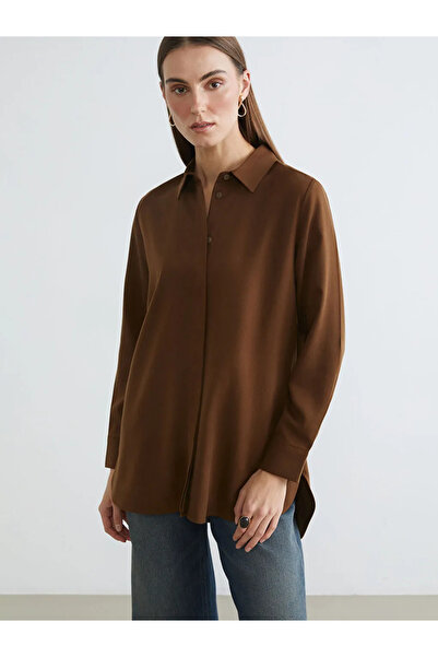 LC Waikiki Καφέ Γυναικείο Πουκάμισο Τουνίκ από Γκαμπαρντίνα