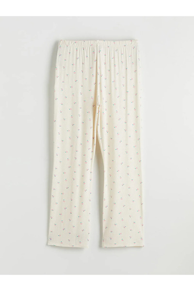 LC Waikiki Εκρού Γυναικεία Πιτζάμα με Ελαστική Μέση με Λουλούδια