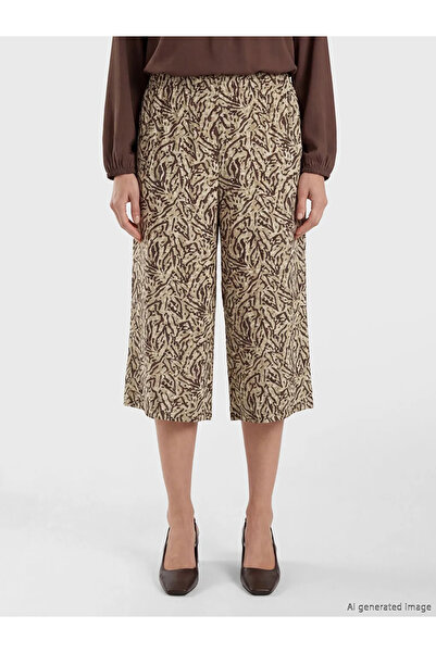 LC Waikiki Μπεζ γυναικείο κάπρι με ελαστική μέση και φαρδιά μπατζάκια με σχέδιο