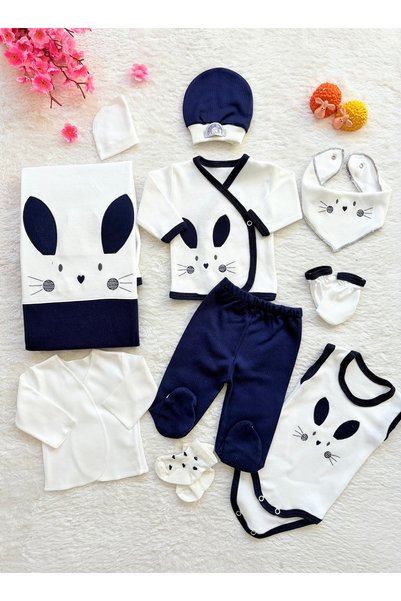 cles couture Navy Blue Rabbit Ear Patterned Newborn Hospital Discharge Baby Set - 100% Cotton - Boxed