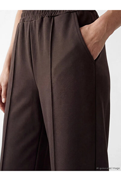 LC Waikiki Καφέ γυναικείο παντελόνι με ελαστική μέση και φαρδύ πόδι