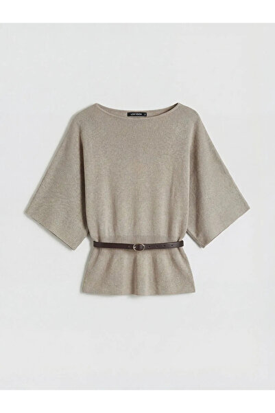 LC Waikiki Μπεζ γυναικείο πλεκτό πουλόβερ με λαιμόκοψη βάρκα και ζώνη στη μέση