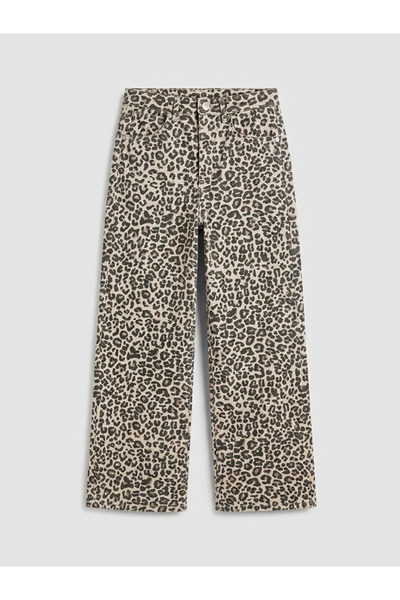 LC Waikiki Μπεζ παντελόνι για κορίτσια με φαρδιά μπατζάκια και λεοπάρ σχέδιο