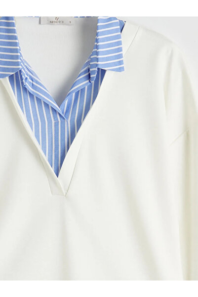 LC Waikiki Μπλε πουκάμισο με γιακά και ρίγες, γυναικείο φούτερ