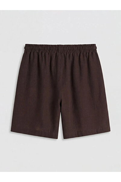 LC Waikiki Καφέ Γυναικείο Σορτς με Ελαστική Μέση και Εμφάνιση Λινής Υφής