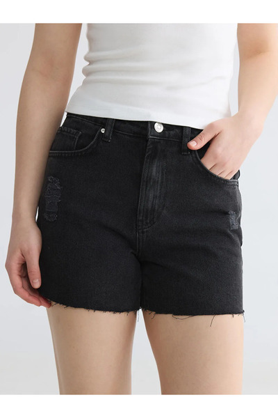 LC Waikiki Μαύρο γυναικείο τζιν σορτς με ψηλόμεσο σχέδιο και σκισίματα