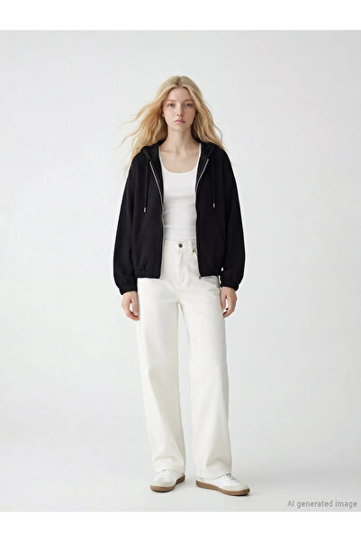 LC Waikiki Μαύρο γυναικείο φούτερ με φερμουάρ Soft Touch oversized