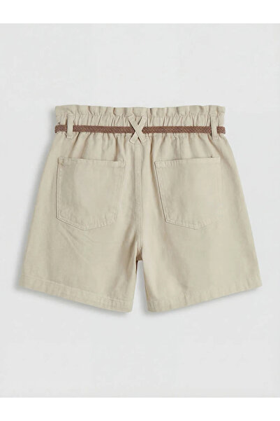 LC Waikiki Μπεζ γυναικείο τζιν σορτς με ζώνη στη μέση από ύφασμα paperbag