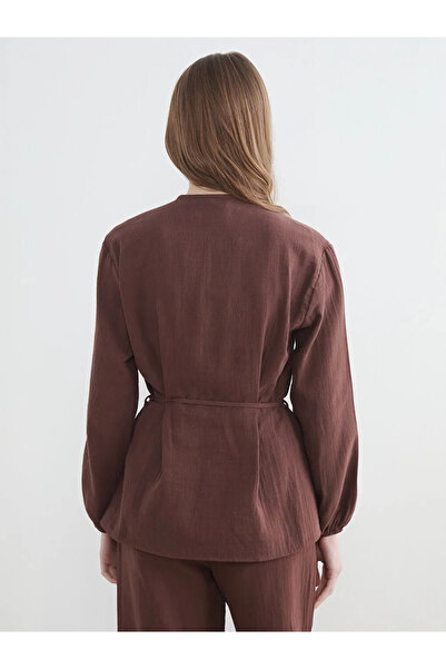 LC Waikiki Καφέ γυναικείο πουκάμισο τουνίκ με γιακά και ζώνη στη μέση