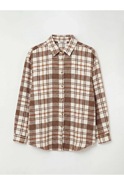 LC Waikiki Καφέ καρό υπερμεγέθη γυναικείο πουκάμισο ξυλοκόπος