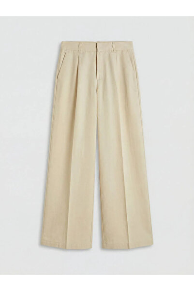 LC Waikiki Μπεζ ψηλόμεσο γυναικείο υφασμάτινο παντελόνι με φαρδιά μπατζάκια