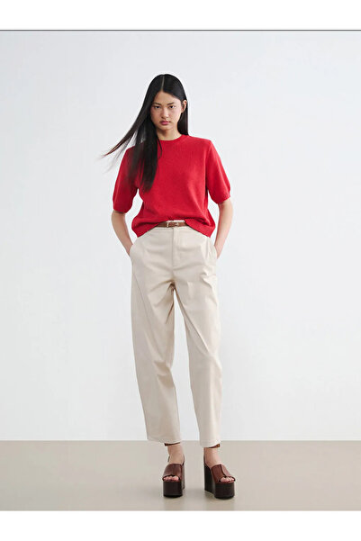 LC Waikiki Μπεζ γυναικείο παντελόνι από γκαμπαρντίνα με ζώνη στη μέση