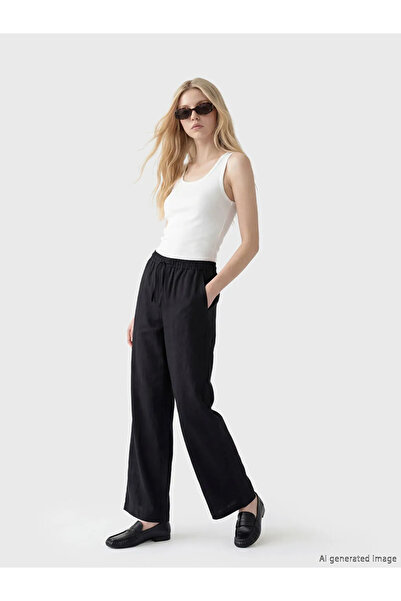 LC Waikiki Μαύρο γυναικείο παντελόνι με ελαστική μέση, χαλαρή εφαρμογή