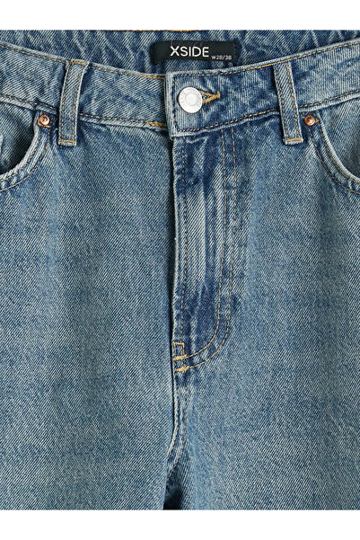 LC Waikiki Μπλε ψηλόμεσο γυναικείο τζιν σορτς Bermuda Fit