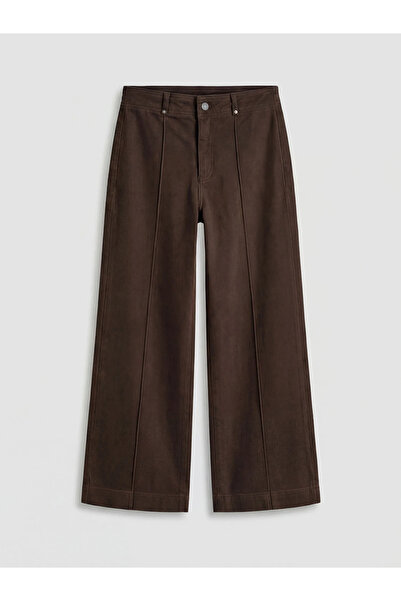 LC Waikiki Καφέ ψηλόμεσο γυναικείο τζιν παντελόνι με φαρδιά μπατζάκια