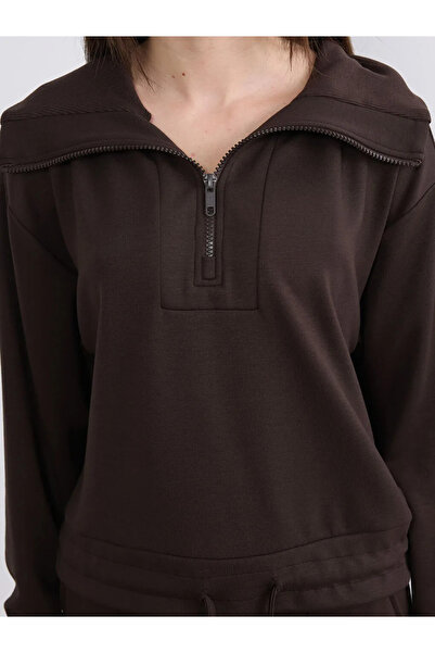 LC Waikiki Καφέ Γυναικείο Φούτερ με Γιακά Πόλο Petite