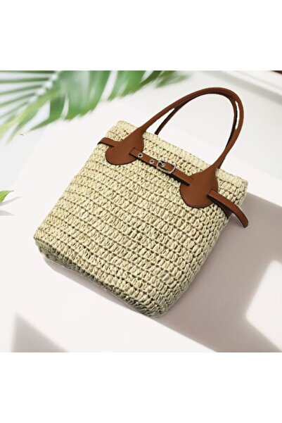 sumoda Γυναικεία εισαγόμενη ψάθινη δερμάτινη τσάντα με χερούλια