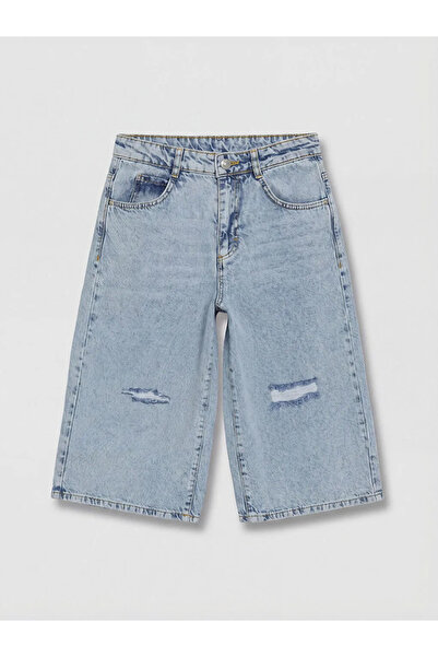 LC Waikiki Μπλε σκισμένο τζιν σορτς για κορίτσια με λεπτομέρειες