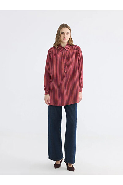 LC Waikiki Γυναικείο τουνίκ σε χρώμα μπορντό με ριγέ γιακά και oversized γραμμή