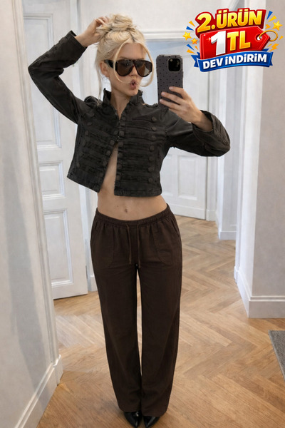 DAMGA JEANS Women's Trendy Low Waist Loose Brown Linen Trousers