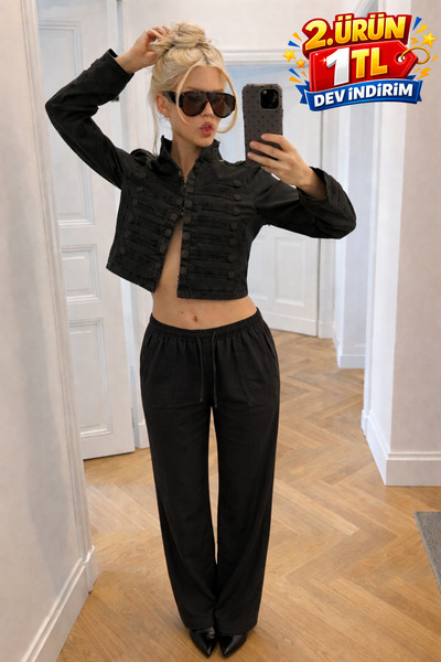 DAMGA JEANS Women's Trend Low Waist Loose Black Linen Trousers