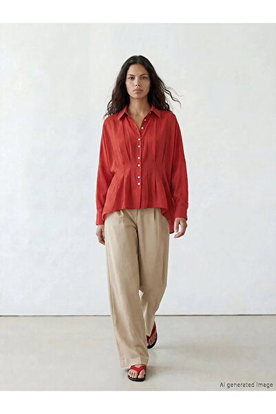 LC Waikiki Κόκκινο γυναικείο πουκάμισο τουνίκ από μείγμα μοντάλ