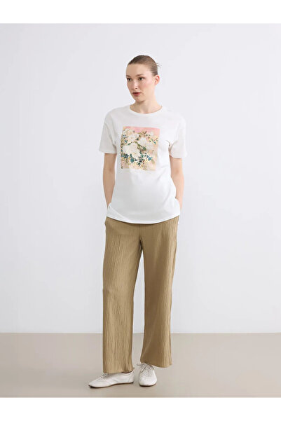 LC Waikiki Καφέ γυναικείο παντελόνι με ελαστική μέση και φαρδύ πόδι