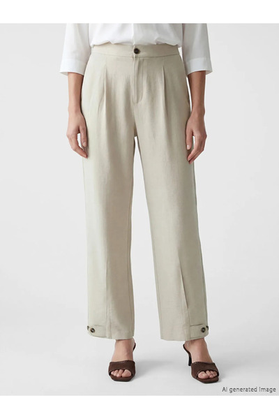 LC Waikiki Γυναικείο παντελόνι μπεζ με ελαστική μέση με λινό εφέ