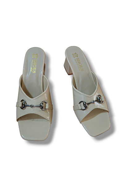BARONES SHOES Women's Champagne Crinkled Patent Leather Buckle Thick-Heeled S...