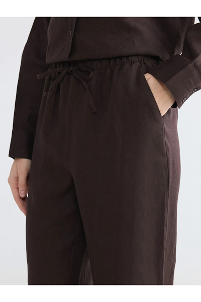 LC Waikiki Καφέ Γυναικείο Λινό Παντελόνι με Ελαστική Μέση