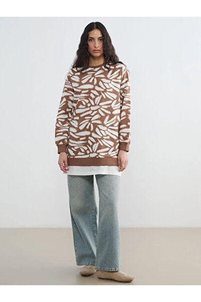 LC Waikiki Καφέ Γυναικείο Φούτερ Τουνίκ με λαιμόκοψη Με σχέδιο