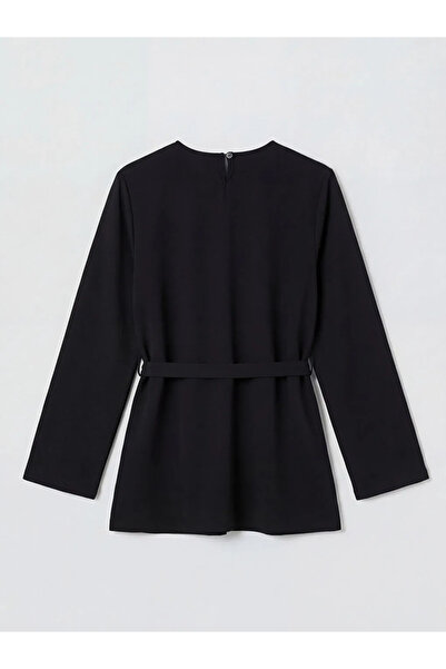 LC Waikiki Μαύρο γυναικείο φούτερ τουνίκ με λαιμόκοψη και ζώνη