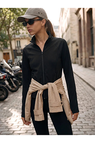 LC Waikiki Μαύρο γυναικείο φούτερ με φερμουάρ με ψηλός λαιμός δάχτυλα