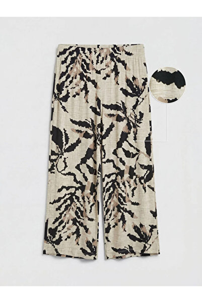 LC Waikiki Μπεζ γυναικείο κάπρι με ελαστική μέση και φαρδιά μπατζάκια με σχέδιο