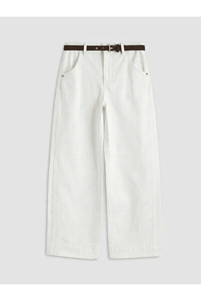 LC Waikiki Λευκό γυναικείο τζιν παντελόνι με φαρδιά μπατζάκια Beli Ζώνη τεμαχίων