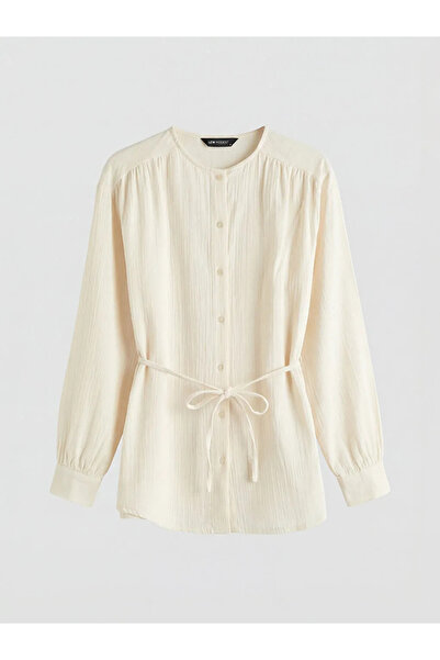 LC Waikiki Εκρού γυναικείο πουκάμισο τουνίκ με γιακά και ζώνη στη μέση