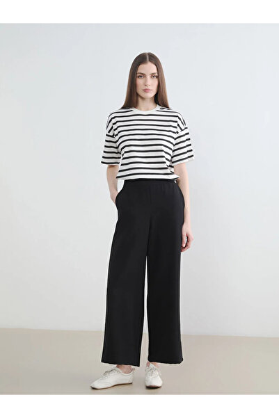 LC Waikiki Μαύρο γυναικείο παντελόνι με ελαστική μέση φαρδιά πόδι