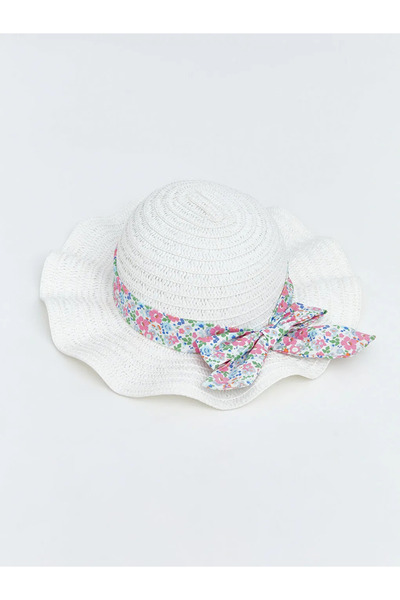 LC Waikiki Λευκό Λουλουδάτο Ψάθινο Καπέλο Φόρτρα για Κορίτσια