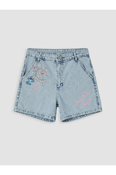 LC Waikiki Μπλε τζιν σορτς για κορίτσια με στάμπα Stitch και Angel