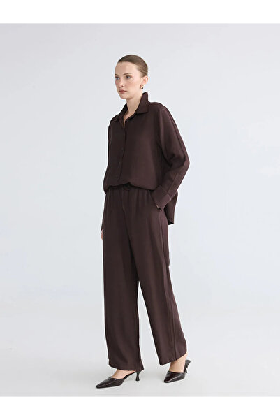 LC Waikiki Καφέ γυναικείο παντελόνι με ελαστική μέση