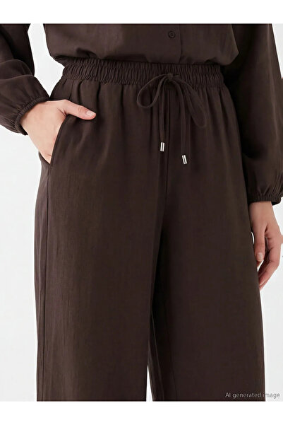 LC Waikiki Καφέ γυναικείο παντελόνι με ελαστική μέση και φαρδύ πόδι