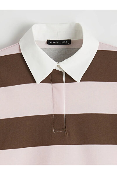 LC Waikiki Ροζ Polo Collar Ριγέ oversized Γυναικείο φούτερ τουνίκ