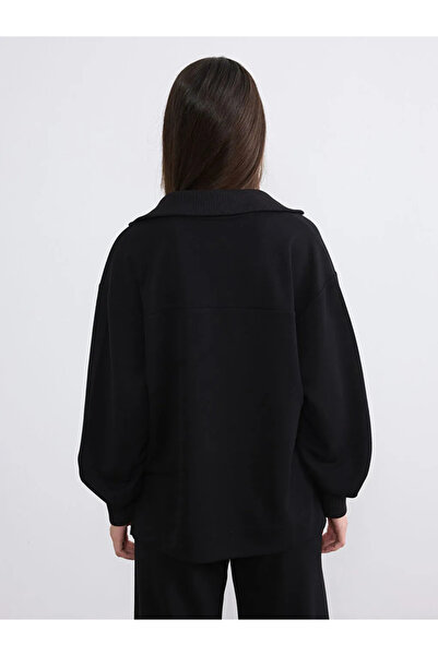 LC Waikiki Μαύρο γυναικείο φούτερ με λαιμόκοψη πόλο Petite